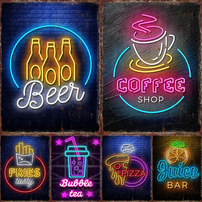 Wine Beer Restaurant - Neon Beer Metal Tin Label Food